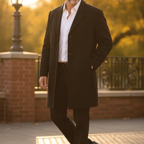 Calvin Klein Black Wool Overcoat Men's 44R Classic Long Coat - Picture 2 of 14